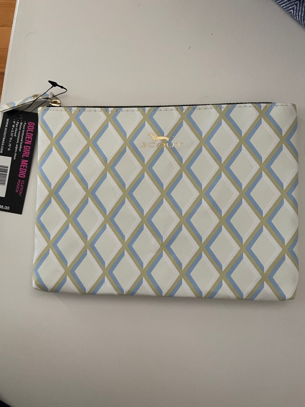 Scout Golden Girl Ivory Diamond Pouch with Blue & Tan Lattice